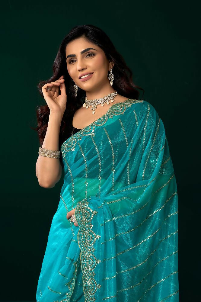 Turquoise Blue Net Party Wear Saree with Black Velvet Blouse