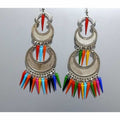 Silver oxidized double chandbali earrings with multi-color accents in a bohemian style.