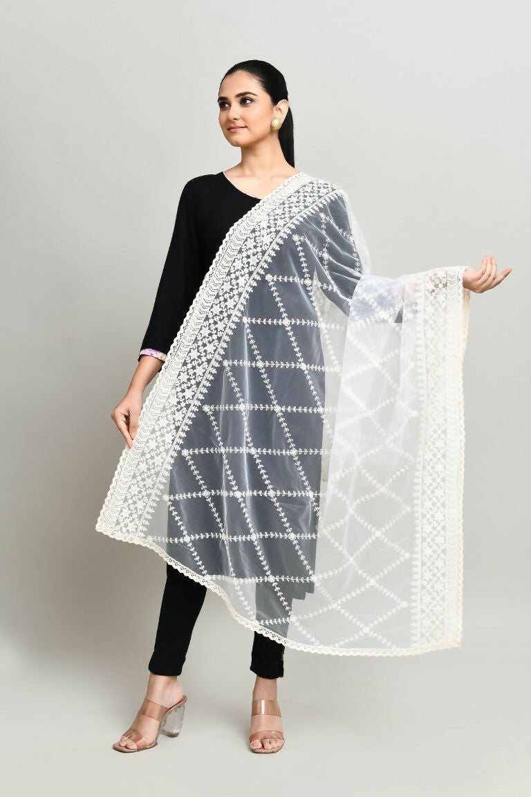 White Cotton Pakistani Karanchi Dupatta with Elegant Embroidery