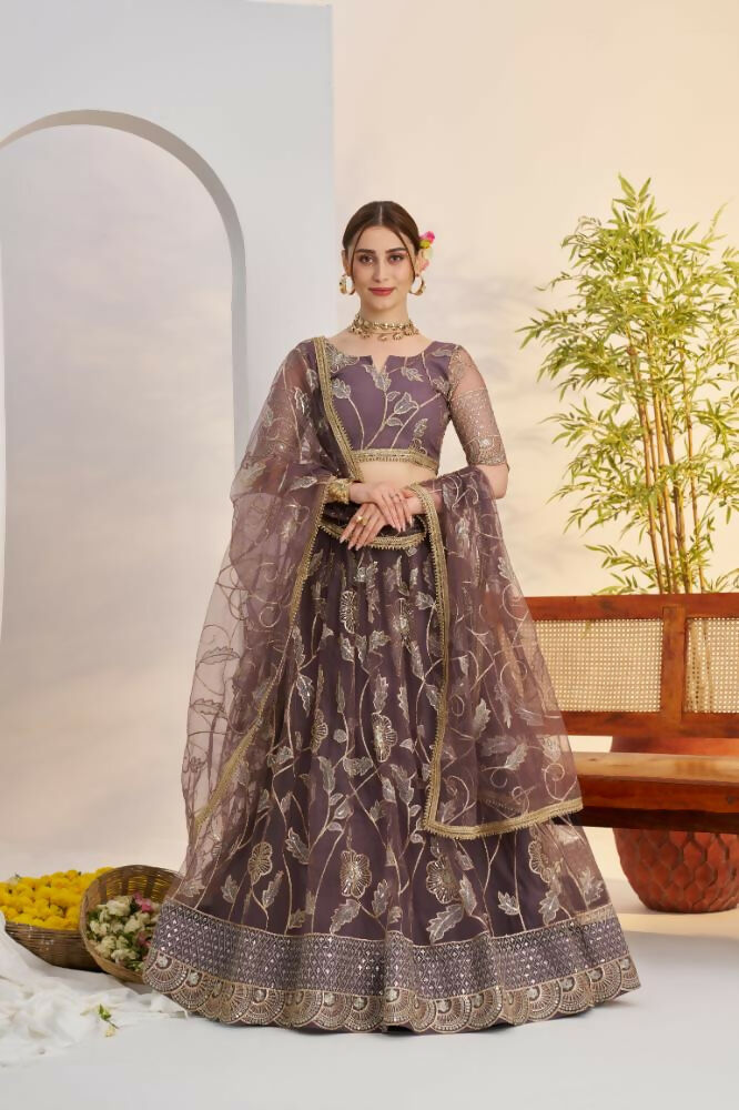 Dark Onion butterfly net wedding lehenga choli with detailed zari, thread, and sequence embroidery.