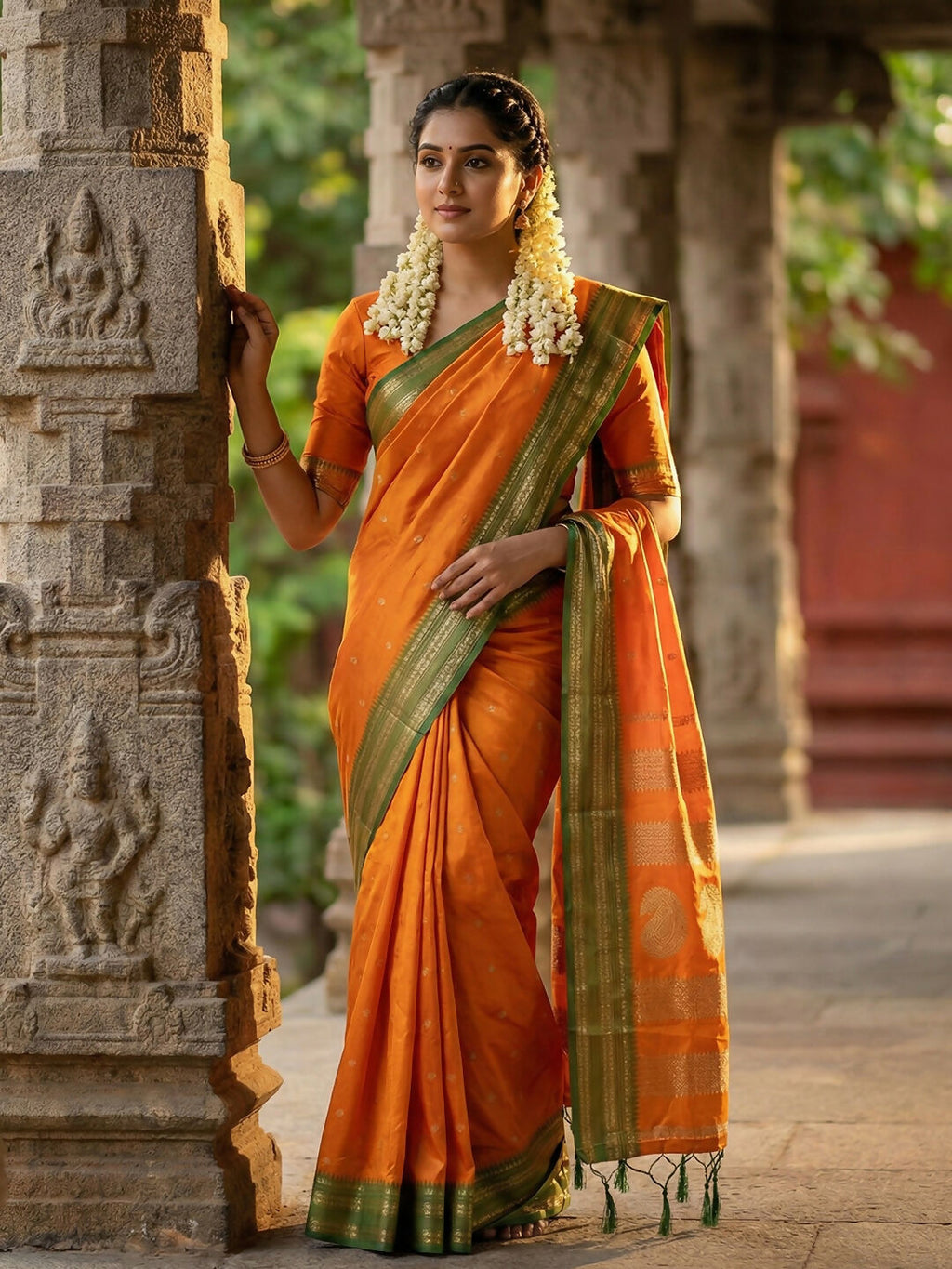 Mustard soft silk saree with matching blouse piece draped elegantly