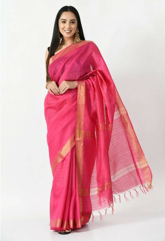 Pink Bhagalpuri Handloom Silk saree with golden Raj Shree pattern and matching blouse piece