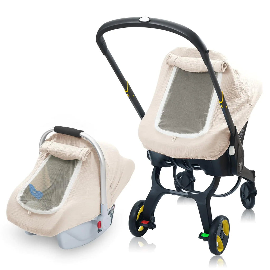 3 Layer Muslin Baby Car Seat Cover Infant Car Seat Cover with Mesh Peep Window Breathable Carseat Canopy for Winter Windproof Carrier Cover with Privacy Sun Shade Baby Stroller Weather Shields