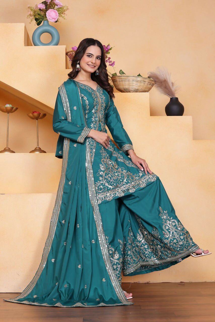 Teal Crepe Embroidered Sharara Set with Kurti