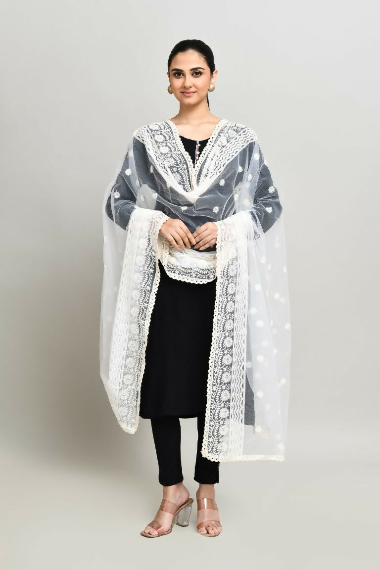 White Cotton Pakistani Karanchi Dupatta with Elegant Embroidery
