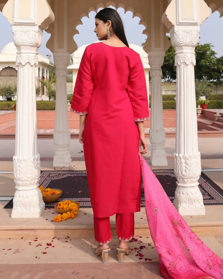 Women's pink cotton silk kurta featuring detailed hand work and floral patterns