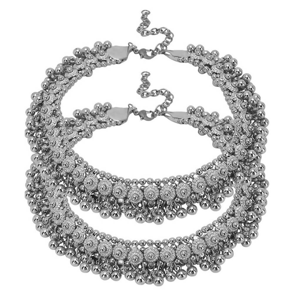 Traditional oxidised silver plated anklets featuring intricate antique craftsmanship