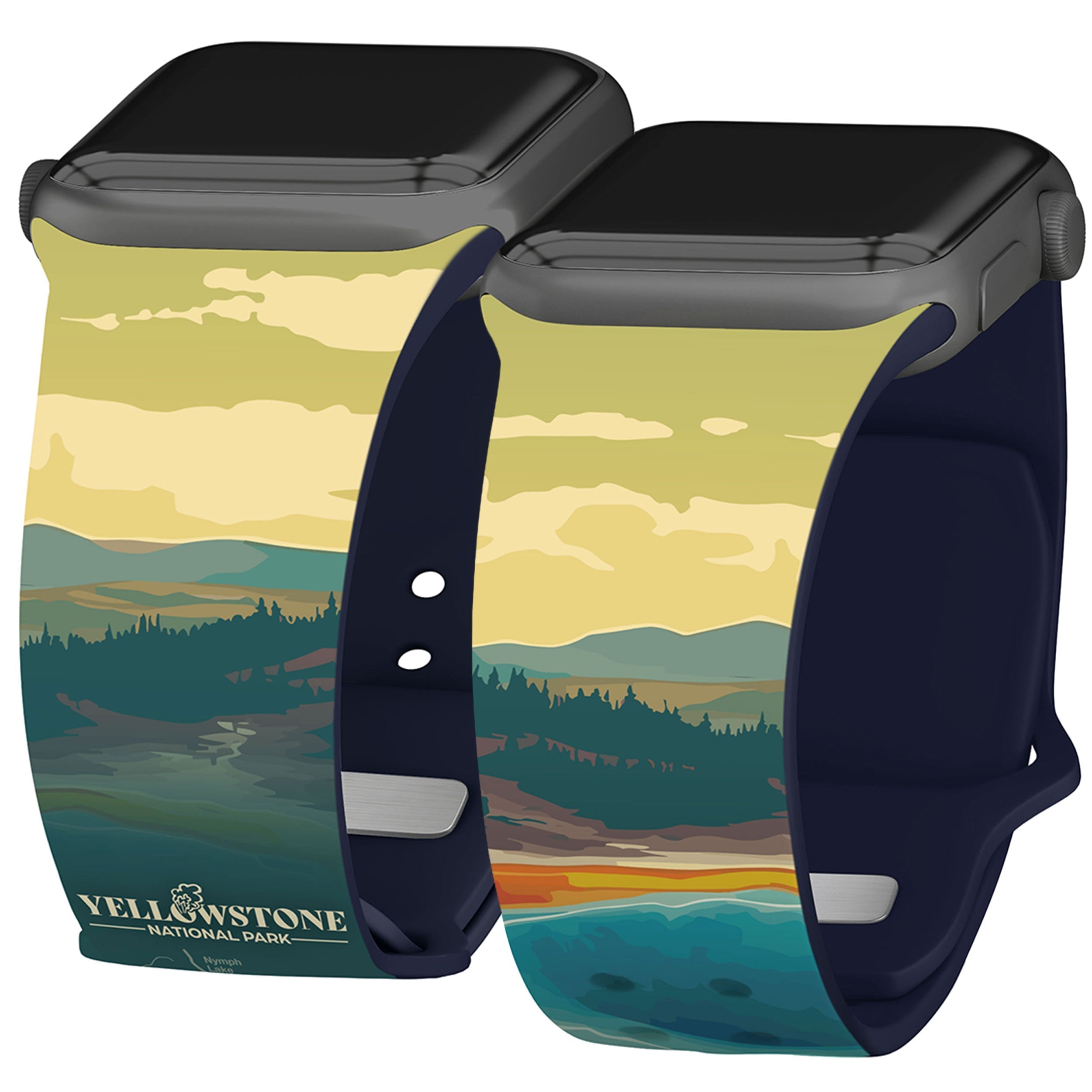Yellowstone National Park themed Apple Watch band featuring landscape imagery on a silicone strap.
