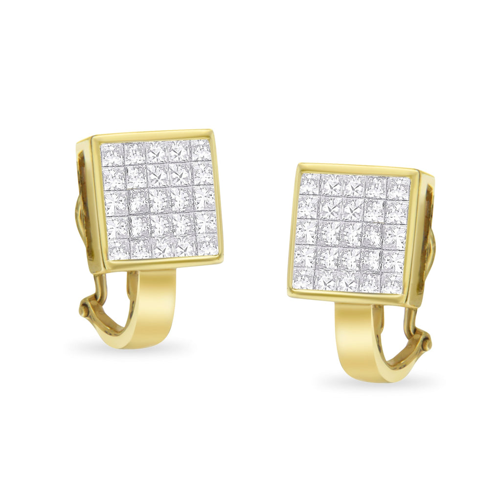 14K Yellow Gold 3-1/5 Cttw Princess Cut Diamond Â¾ Square Invisible Set Grid Huggy Style Omega Back Stud Earrings (G-H Color, VS1-VS2 Clarity)