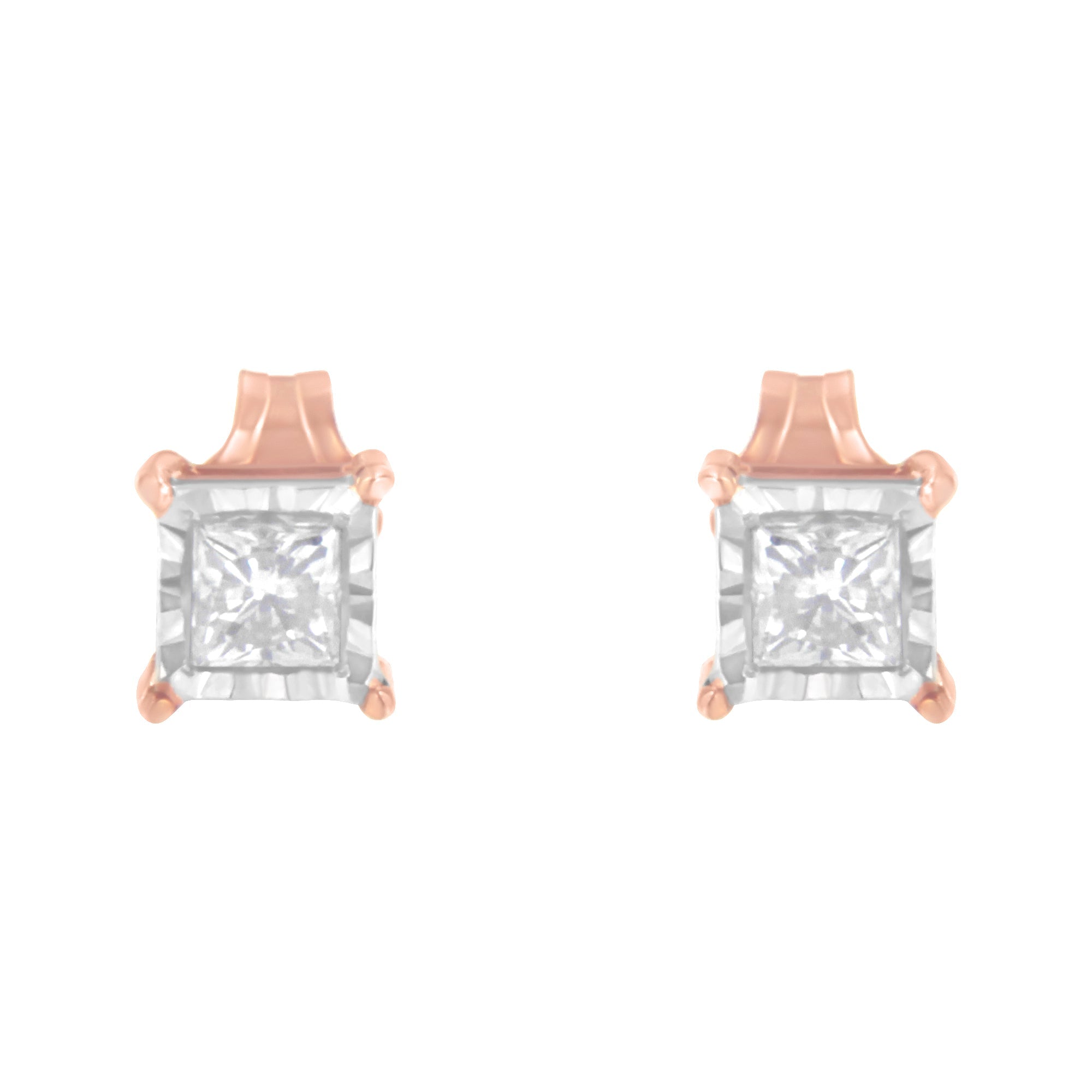 14K Rose Gold Plated Two-Tone .925 Sterling Silver 1/2 Cttw Princess-Cut Square Near Colorless Diamond Solitaire Miracle-Plate Stud Earrings (J-K Color, I2-I3 Clarity)