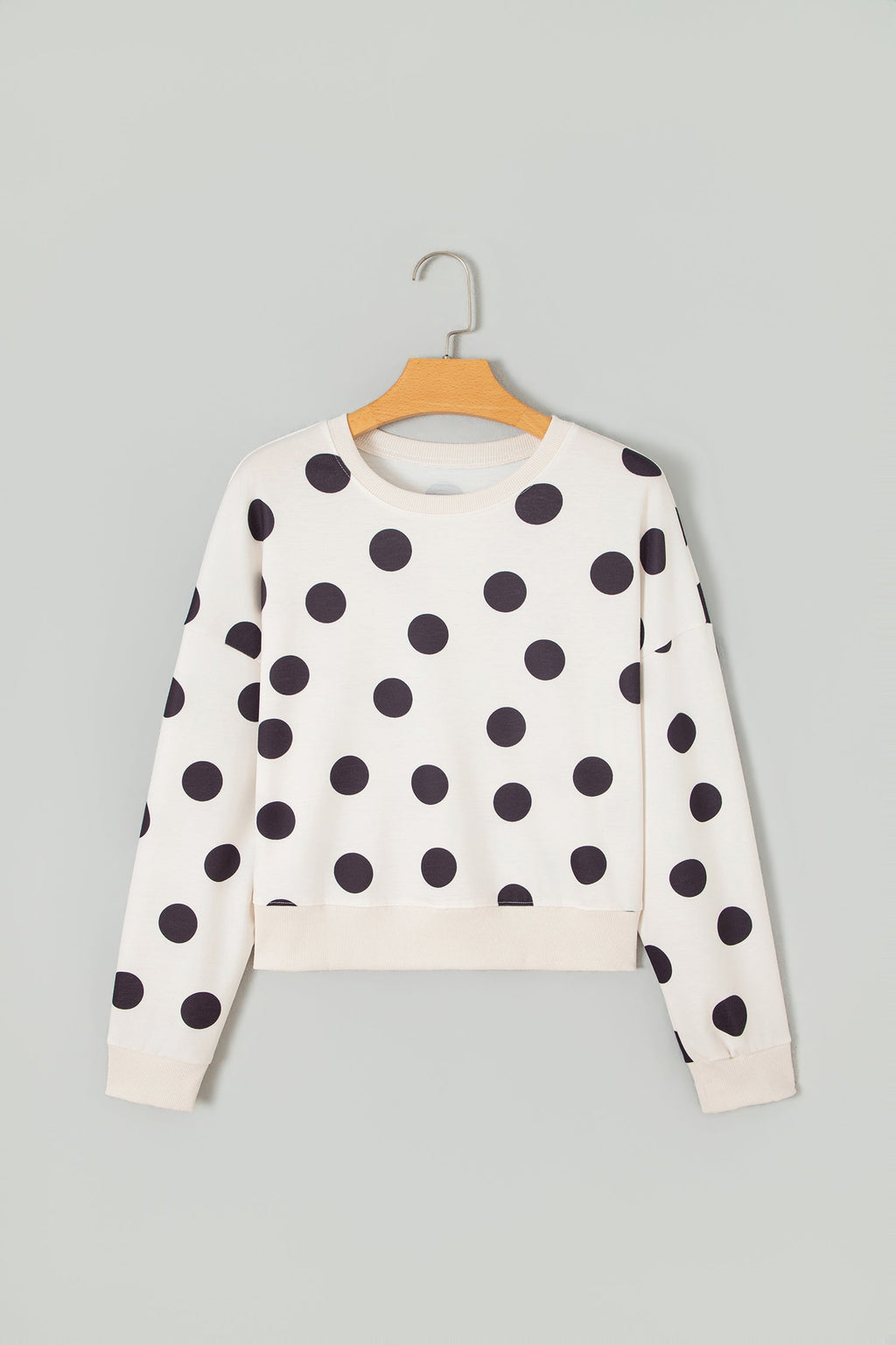 Polka Dot Ribbed Trim Round Neck Sweatshirt