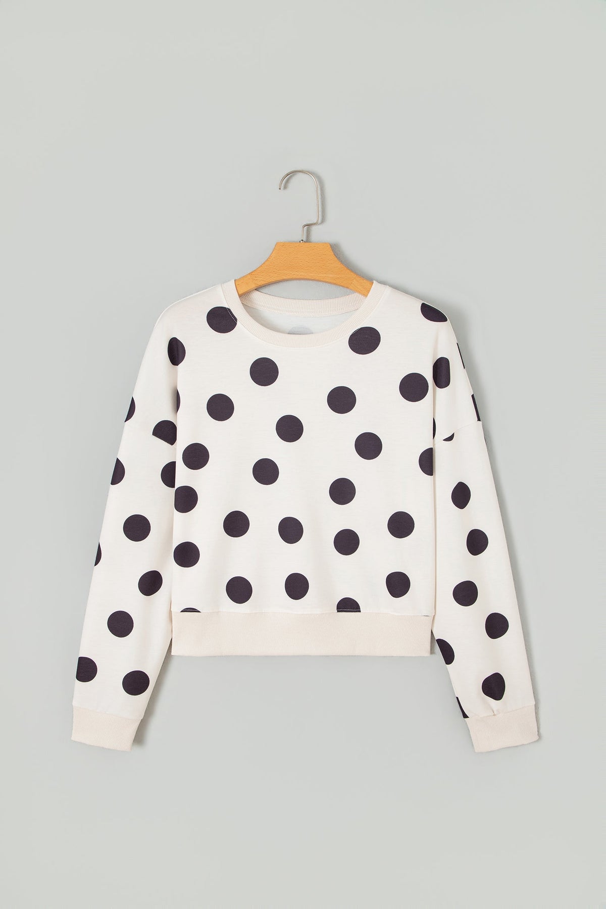Polka Dot Ribbed Trim Round Neck Sweatshirt