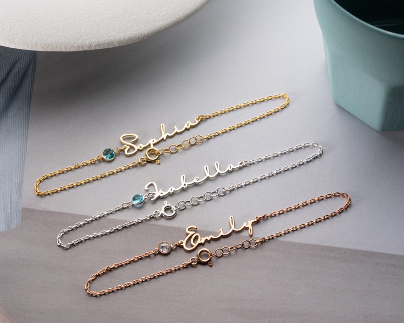 Personalized Cursive Name & Birthstone Bracelet Minimalist Jewelry