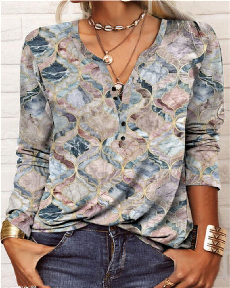 Women's Ethnic Print V-Neck Long Sleeve Henley T-Shirt - Image 8