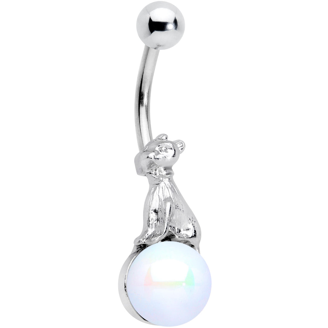 Silver-tone curved navel barbell featuring a cute bear figurine sitting on a white pearlescent orb bead.