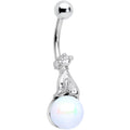 Silver-tone curved navel barbell featuring a cute bear figurine sitting on a white pearlescent orb bead.