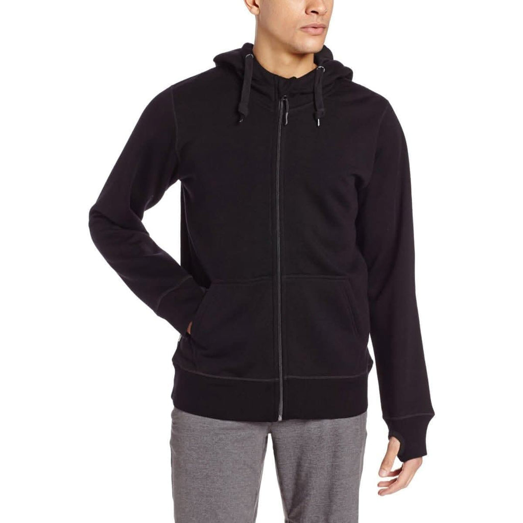 Men's heavyweight brushed merino wool full-zip hoodie in grey with drawstring hood and thumbholes.