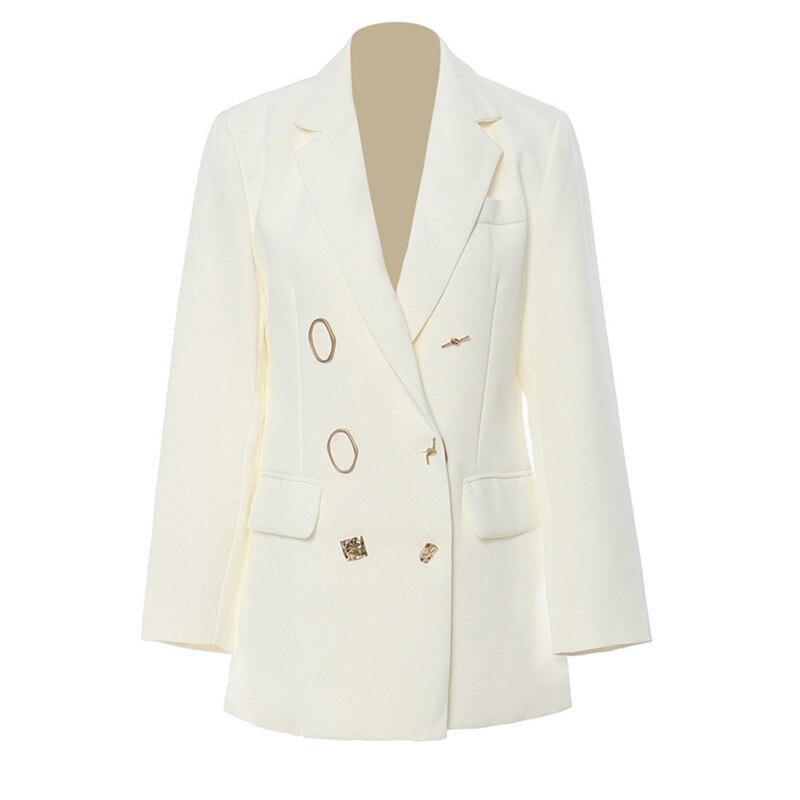 Women's White Double-Breasted Blazer with Decorative Accent Buttons - Image 7