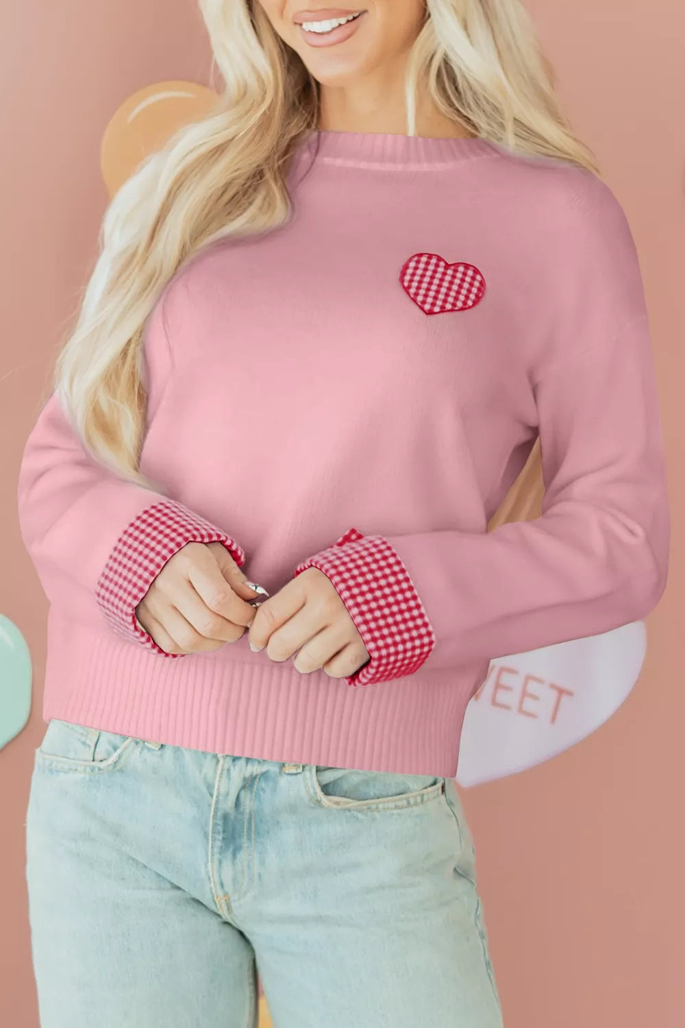 Plaid Heart Embroidered Cuffed Drop Shoulder Crew Neck Sweater