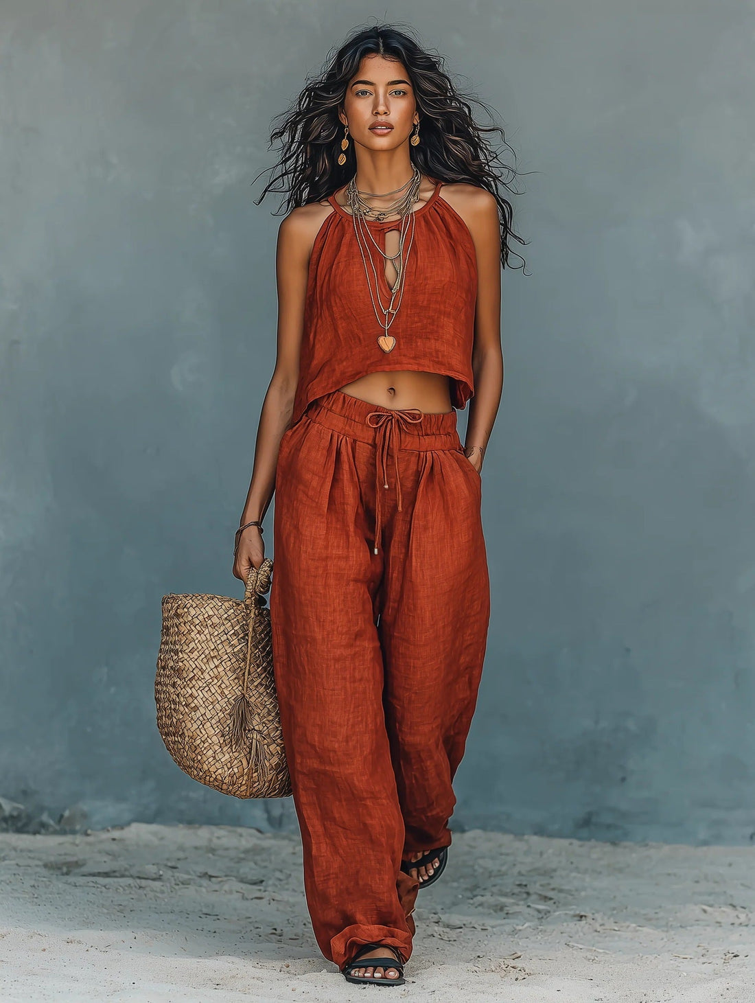 Women's Sleeveless Crop Tank and Wide-Leg Pants Linen Blend Set