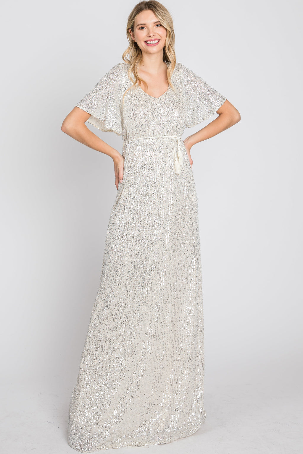 Cream Sequin Short Sleeve Maxi Dress