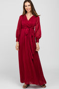 Burgundy Metallic Striped Chiffon Maxi Dress