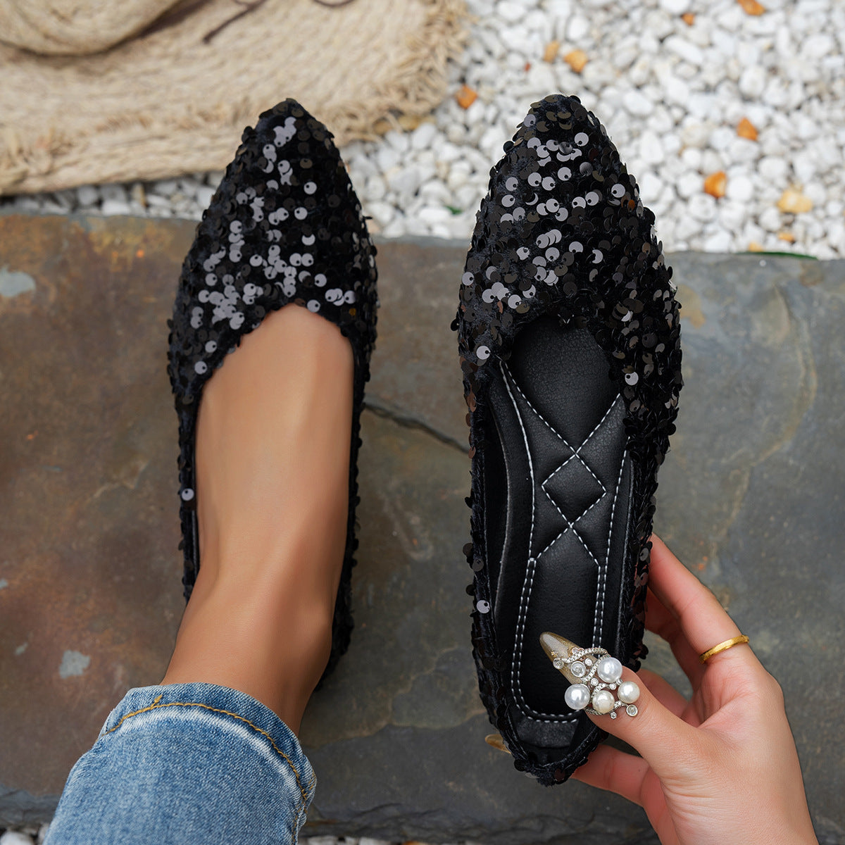 Women’s Black Sequin Pointed-Toe Flats Comfortable Casual Shoes