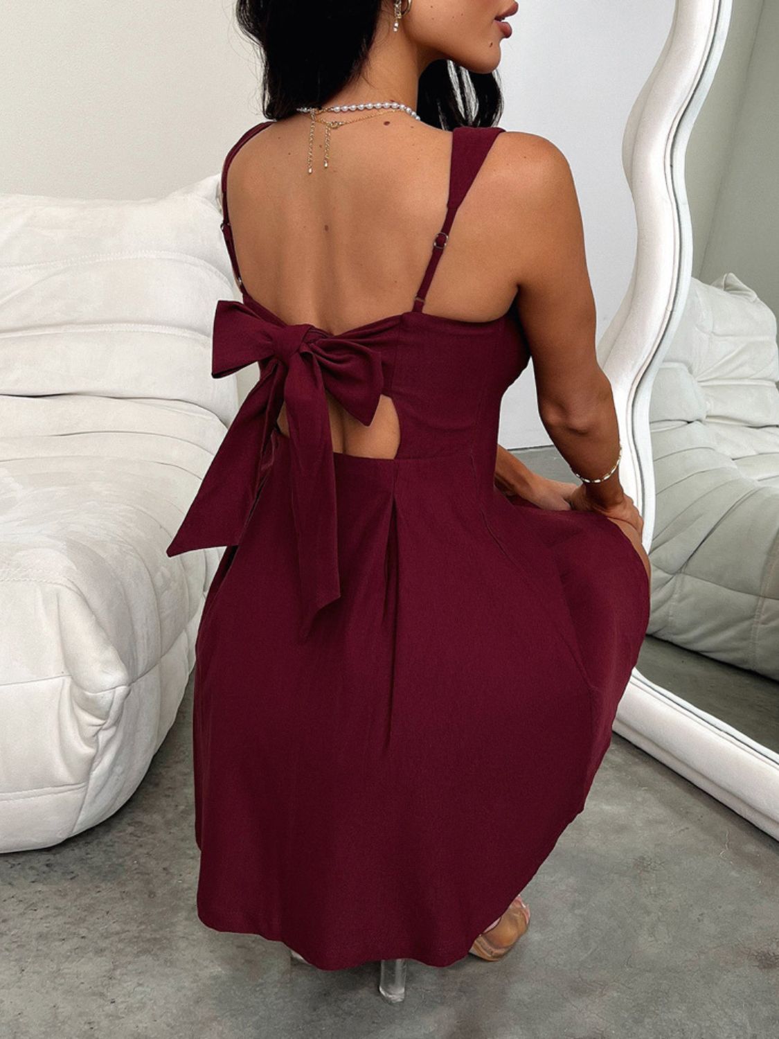 Bow Back Square Neck Mini Dress in Burgundy and Black
