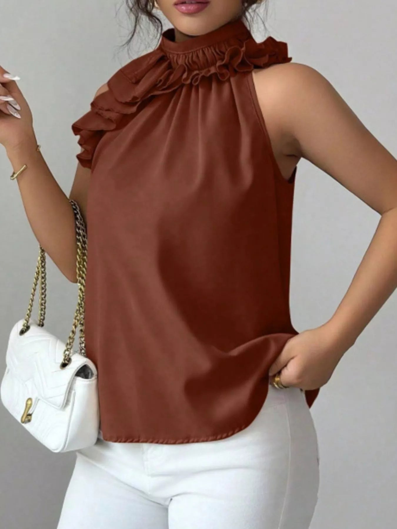 Ruffle High Neck Sleeveless Tank