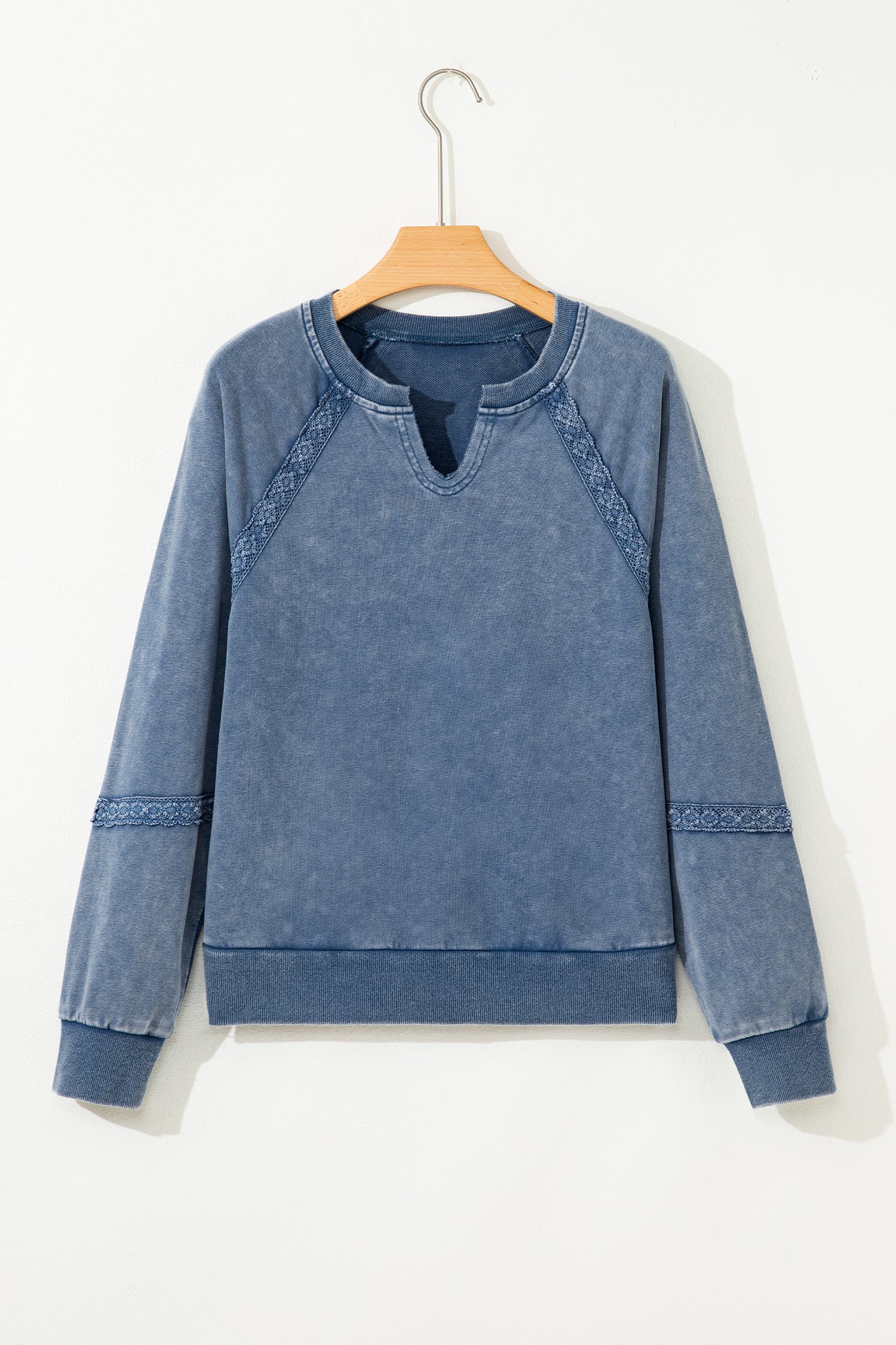 Red Dahlia Lace Patchwork Detail Notched Neck Mineral Wash Baggy Sweatshirt