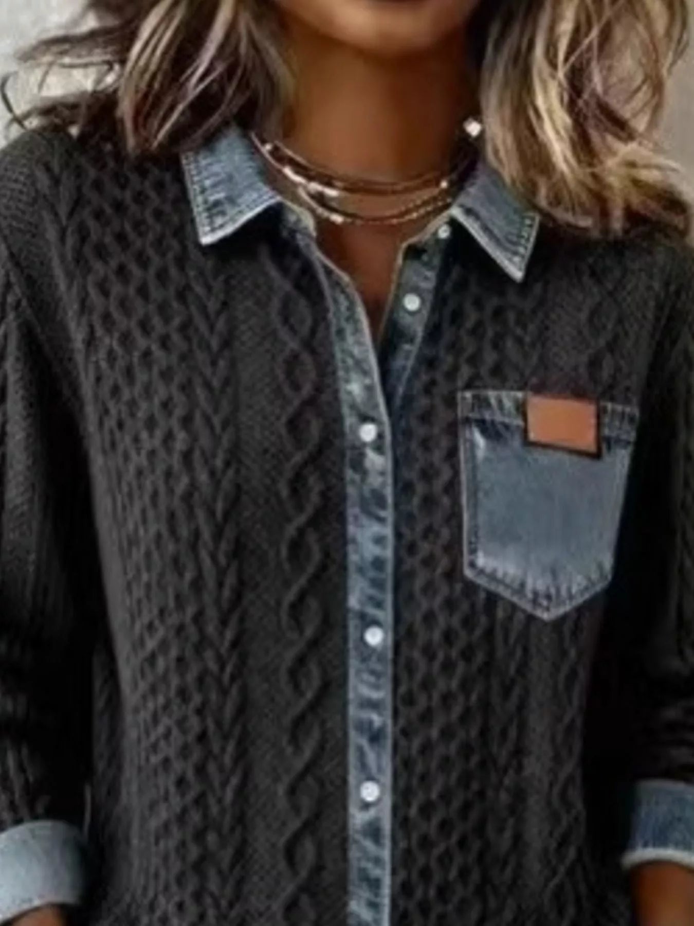 Denim Trim Cable Knit Cardigan | Buttoned Pocketed