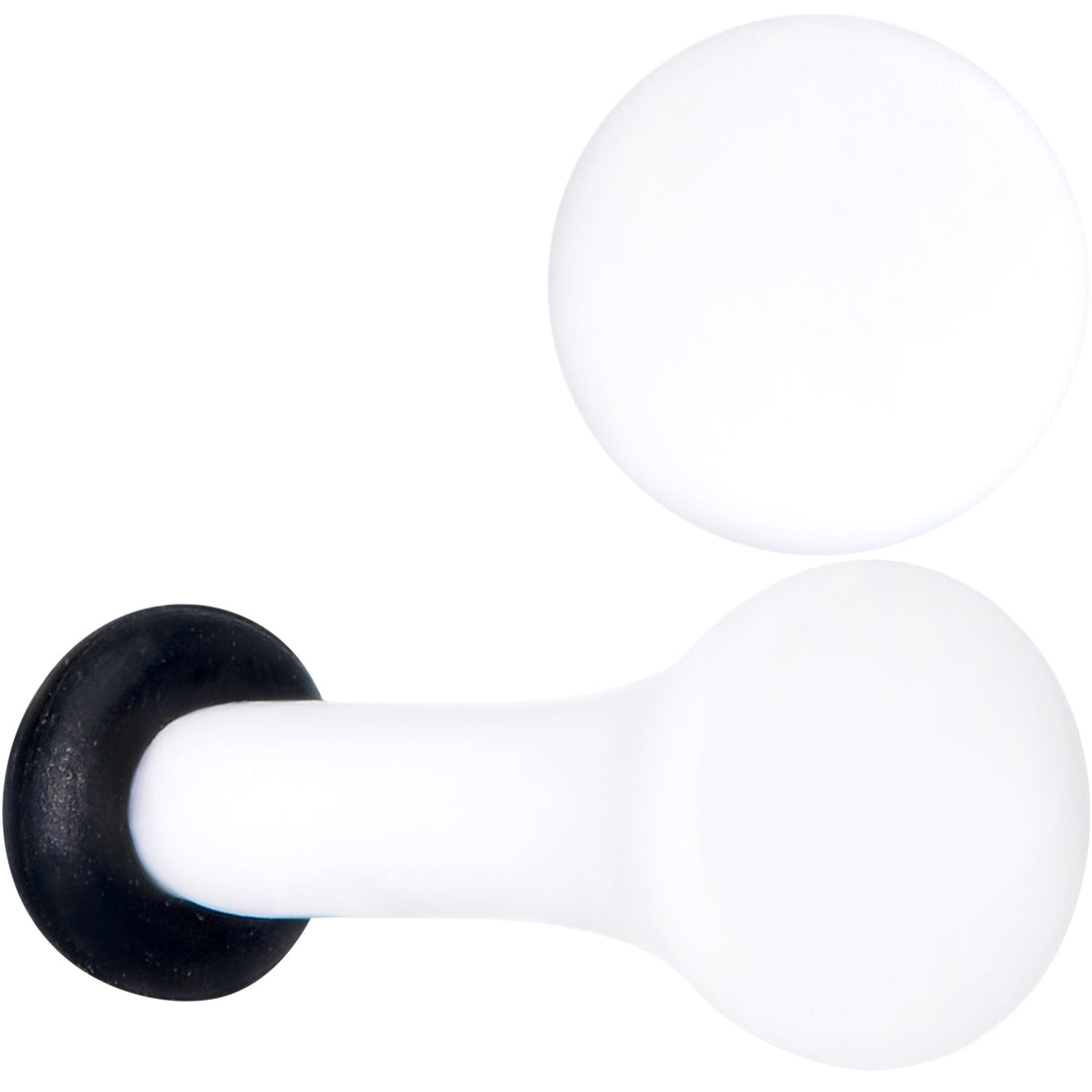 A pair of white matte acrylic single flare plugs with black O-ring gaskets on a plain white background.