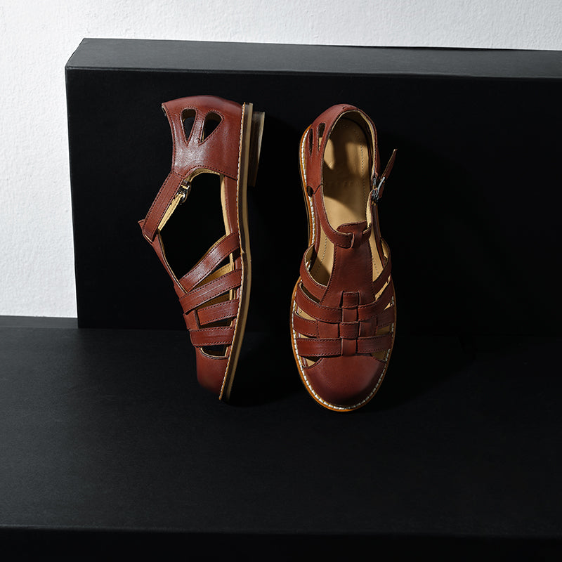Women's Washed Leather Fisherman Sandals Closed-Toe Woven Strap