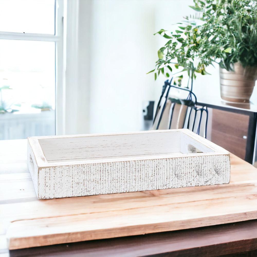 White Wash Wooden Decorative Tray with Dandelion Print Farmhouse - Image 9