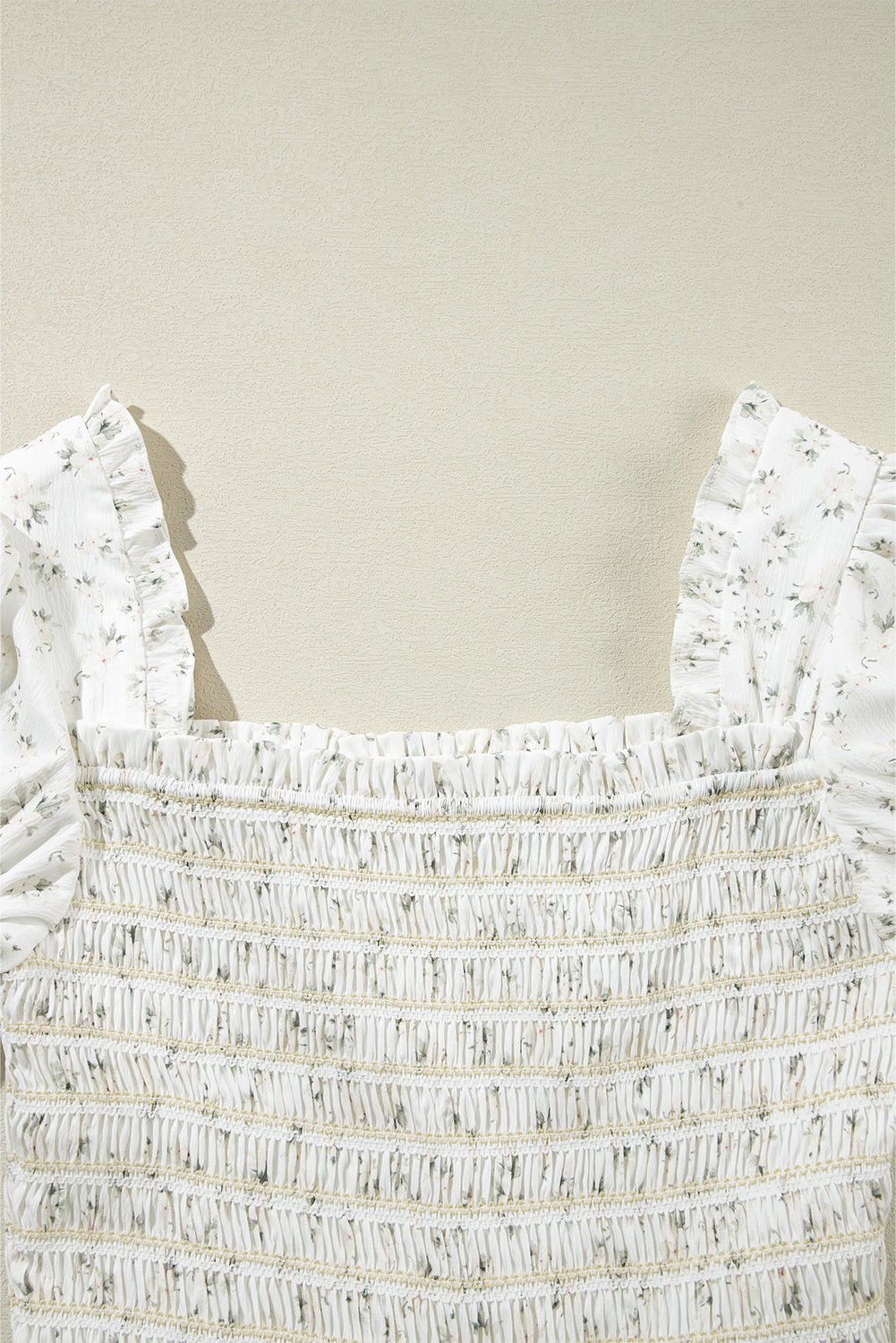 White Boho Floral Smocked Wide Leg Jumpsuit Puff Sleeve