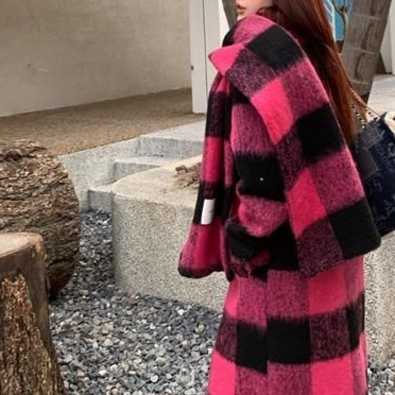 Women's Loose Fit Plaid Woolen Coat Long Harajuku Style Jacket - Image 5