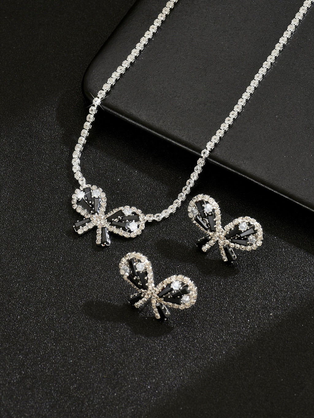 Women Black Butterfly Cubic Zirconia 2 Pcs Jewelry Set,Necklace And Earrings,Fashion Luxurious Costume Accessories For Party Occasion