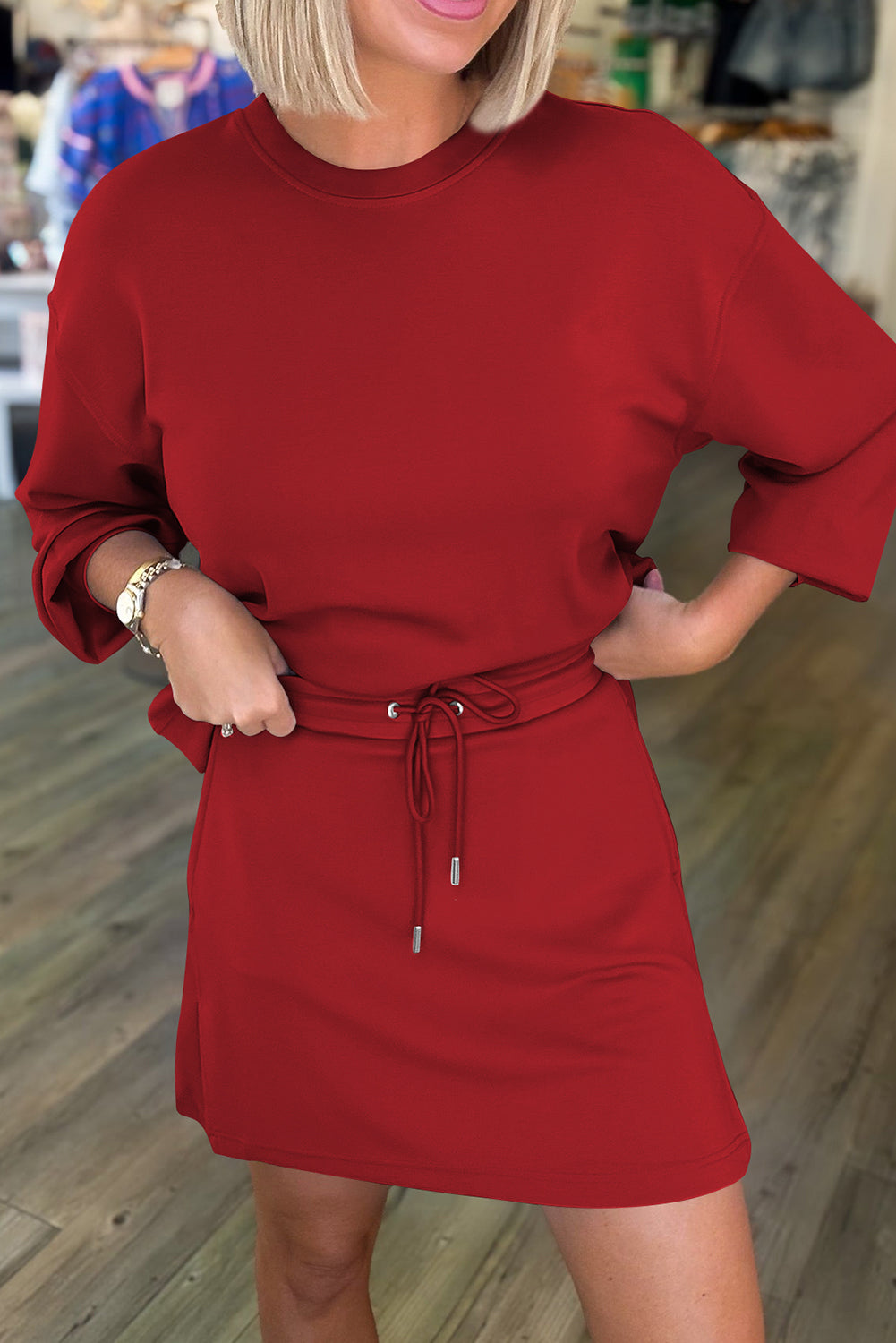 Coffee Solid Color Drop Shoulder Pullover Drawstring Mini Skirt Set