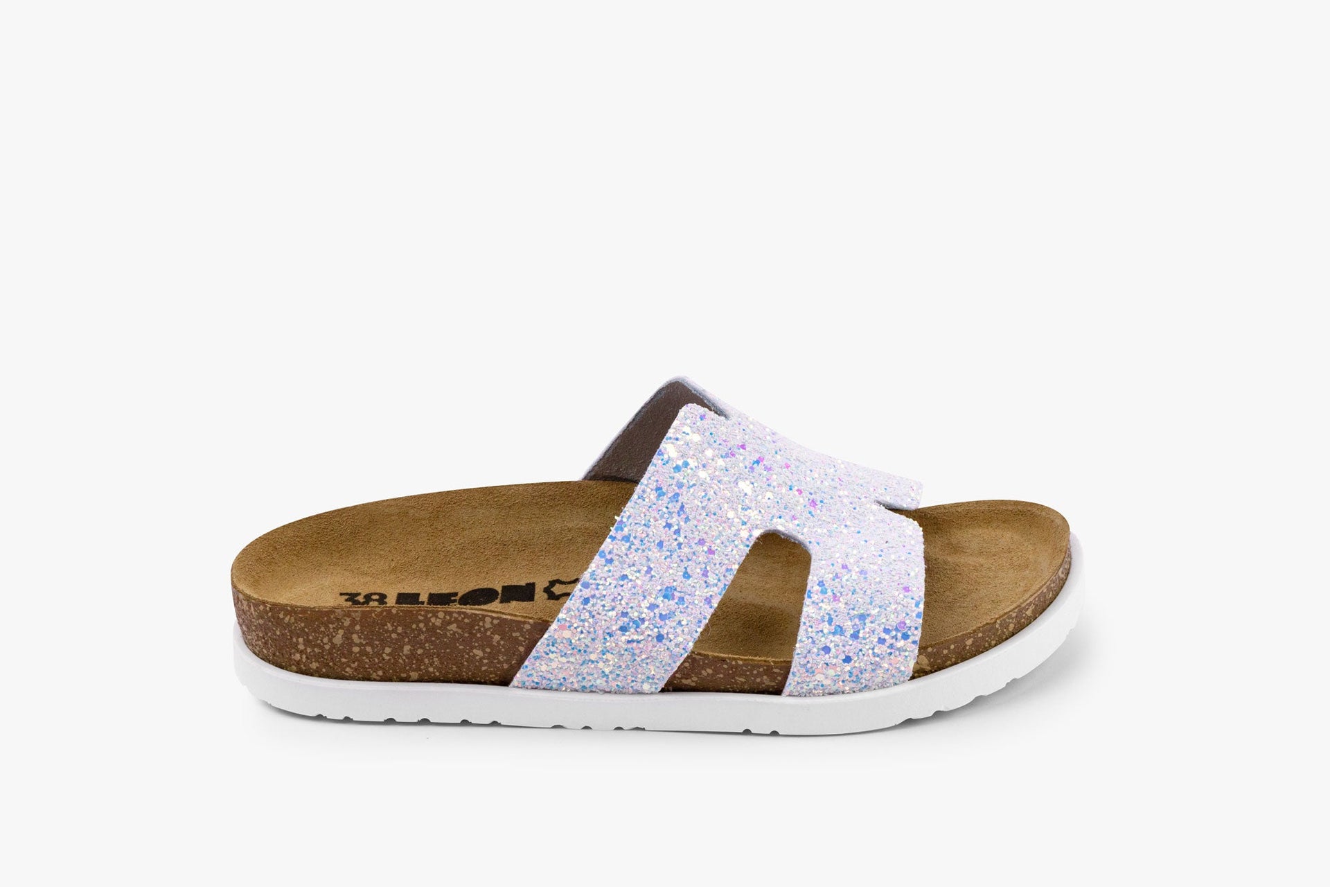 Women's Pearlized Leather Slide Sandals with Glitter Finish - Image 2
