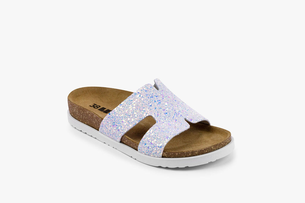 Women's Pearlized Leather Slide Sandals with Glitter Finish - Image 3