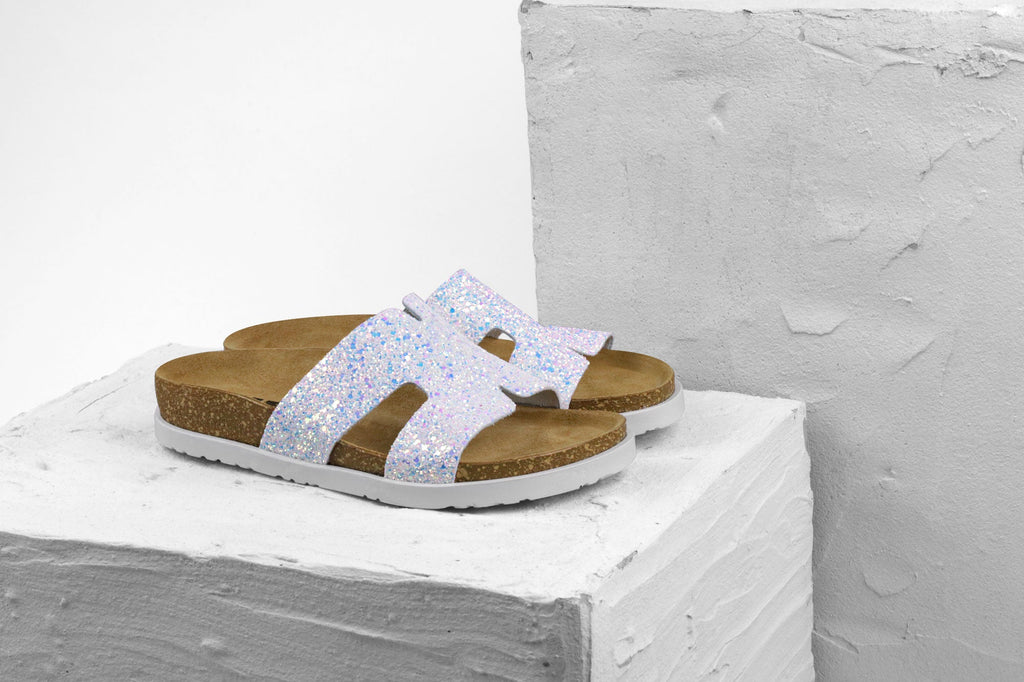 Women's Pearlized Leather Slide Sandals with Glitter Finish - Image 4