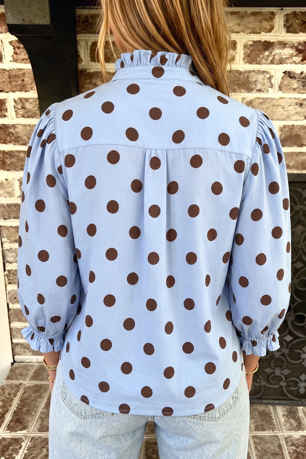 Fiery Red Polka Dot Striped Print Ruffle Stand Neck 3/4 Sleeve Shift Shirt