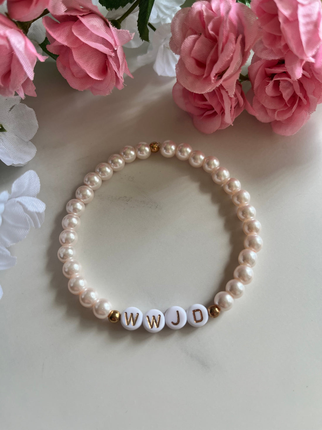 WWJD Faith Bead Bracelet Glass Pearl and Natural Stone