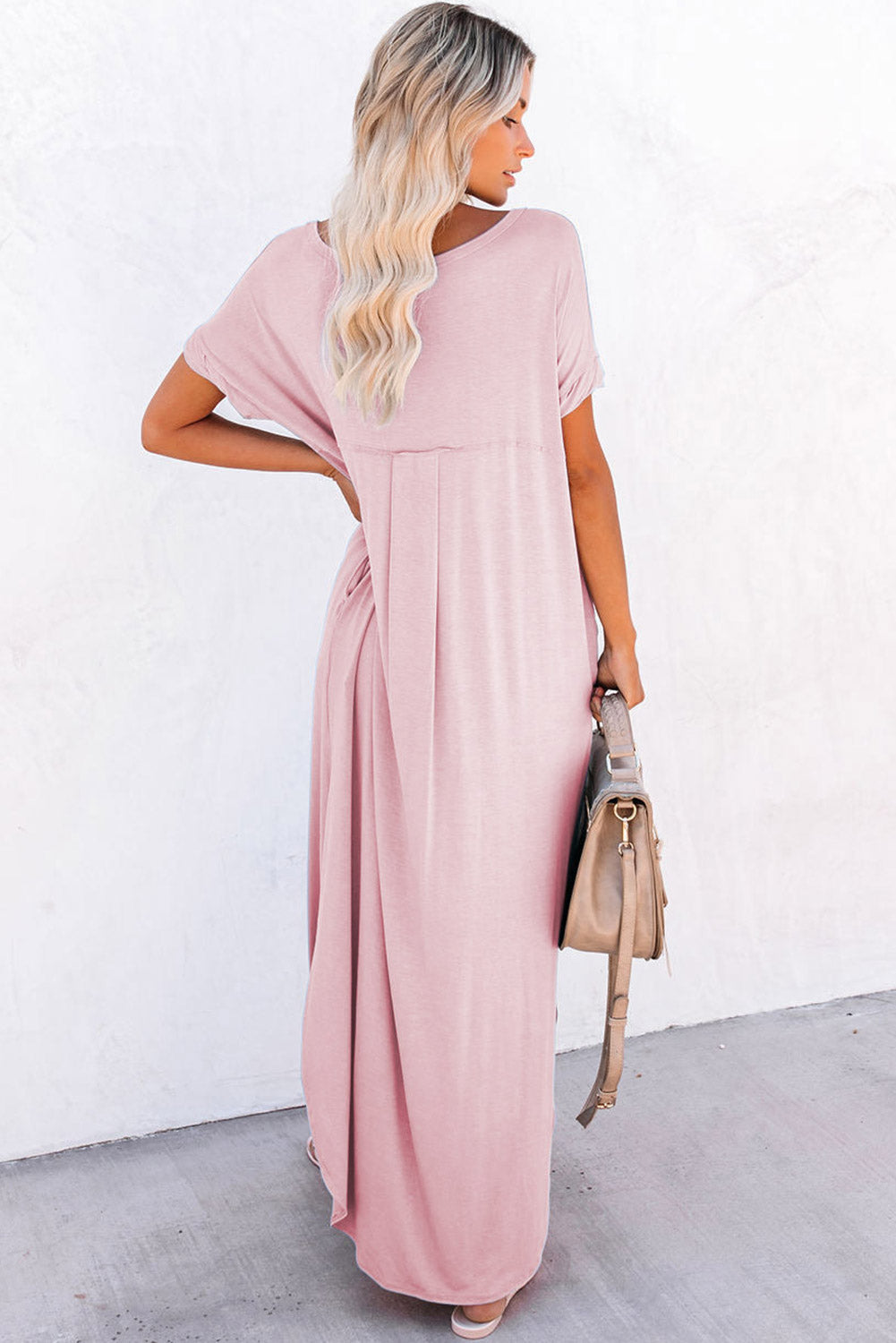 Pink V Neck Maxi T-Shirt Dress with Hidden Pockets