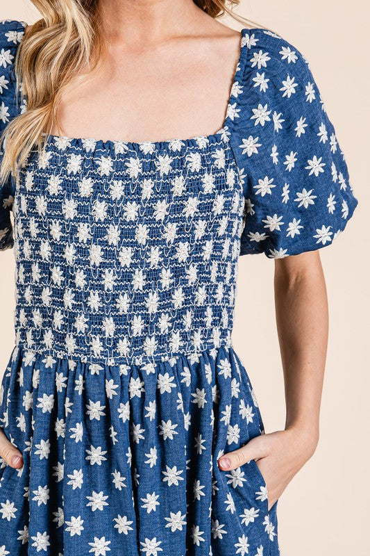 Romantic Floral Embroidered Puff Sleeve Tiered Midi Dress