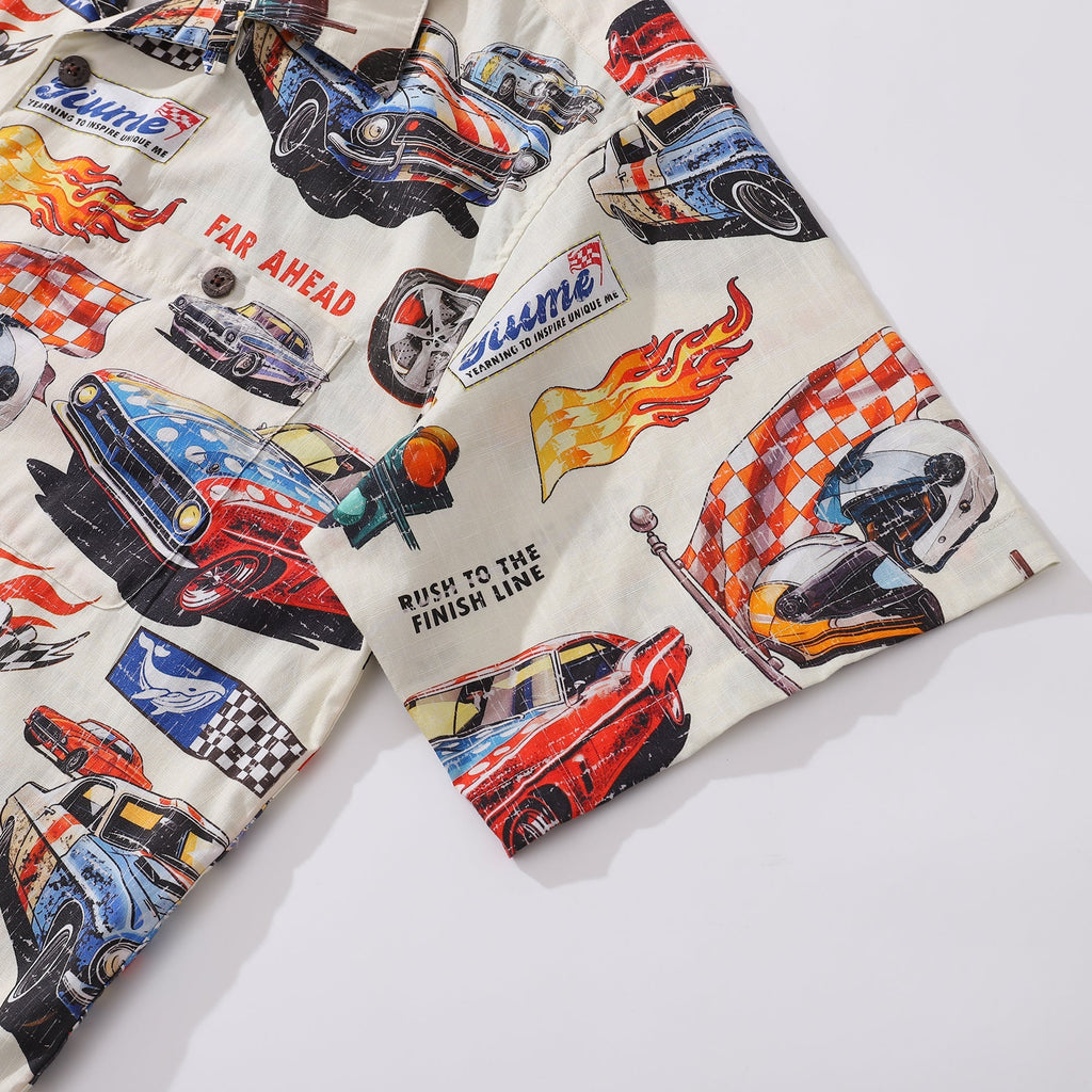 Men's Cotton Hawaiian Shirt Racing Flames Print Camp Collar
