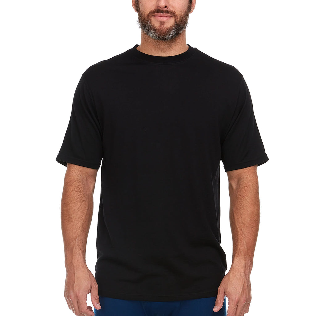 A flat lay of a lightweight Merino wool crew neck t-shirt available in olive and black.