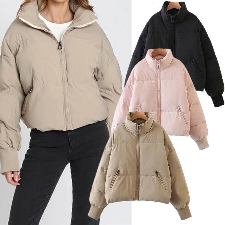 Women's Harajuku style loose fit puffer jacket in beige, black, pink, and green with a stand collar and full zip closure.
