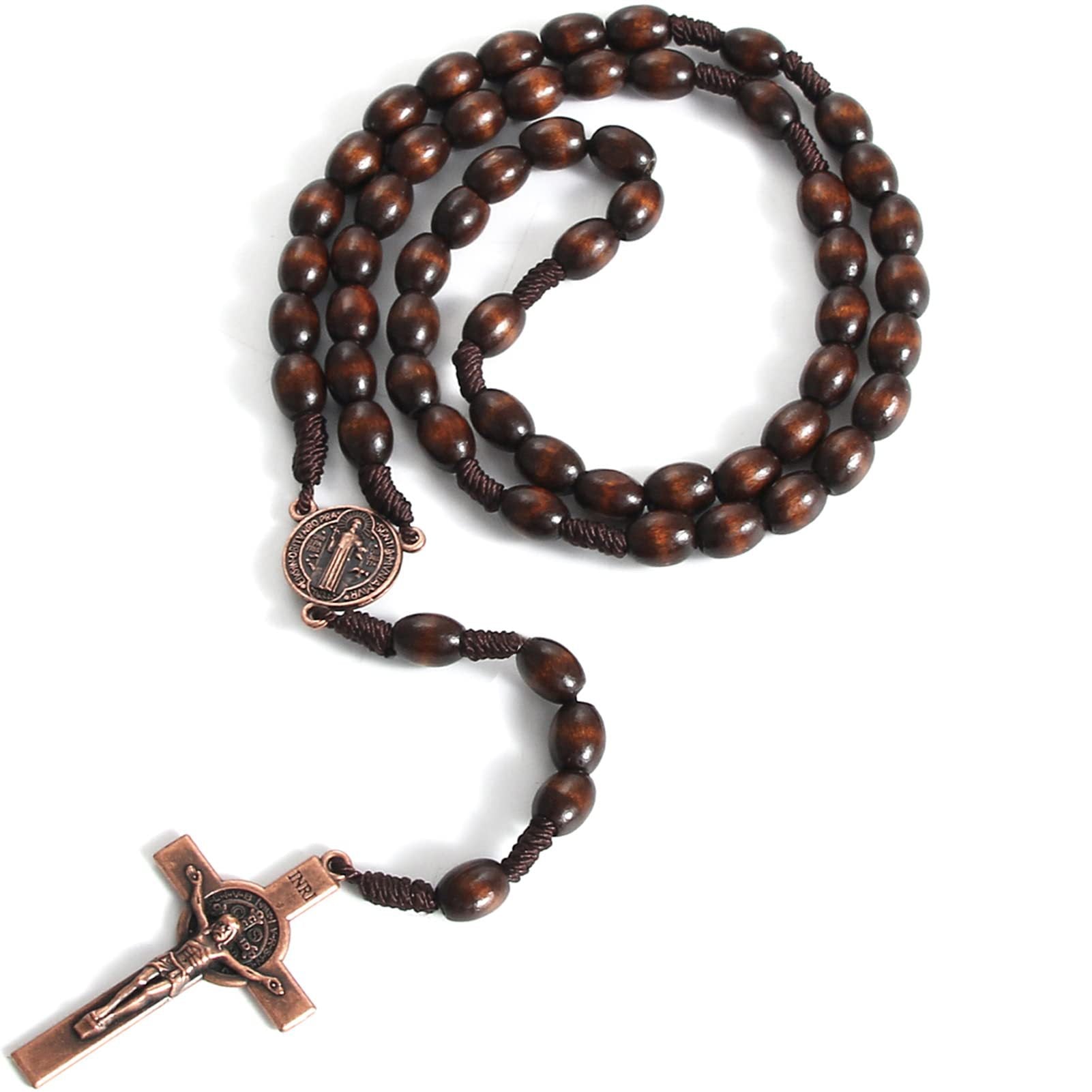 Rosary Necklace With Cross Wooden Beads Braided Cord Jewelry