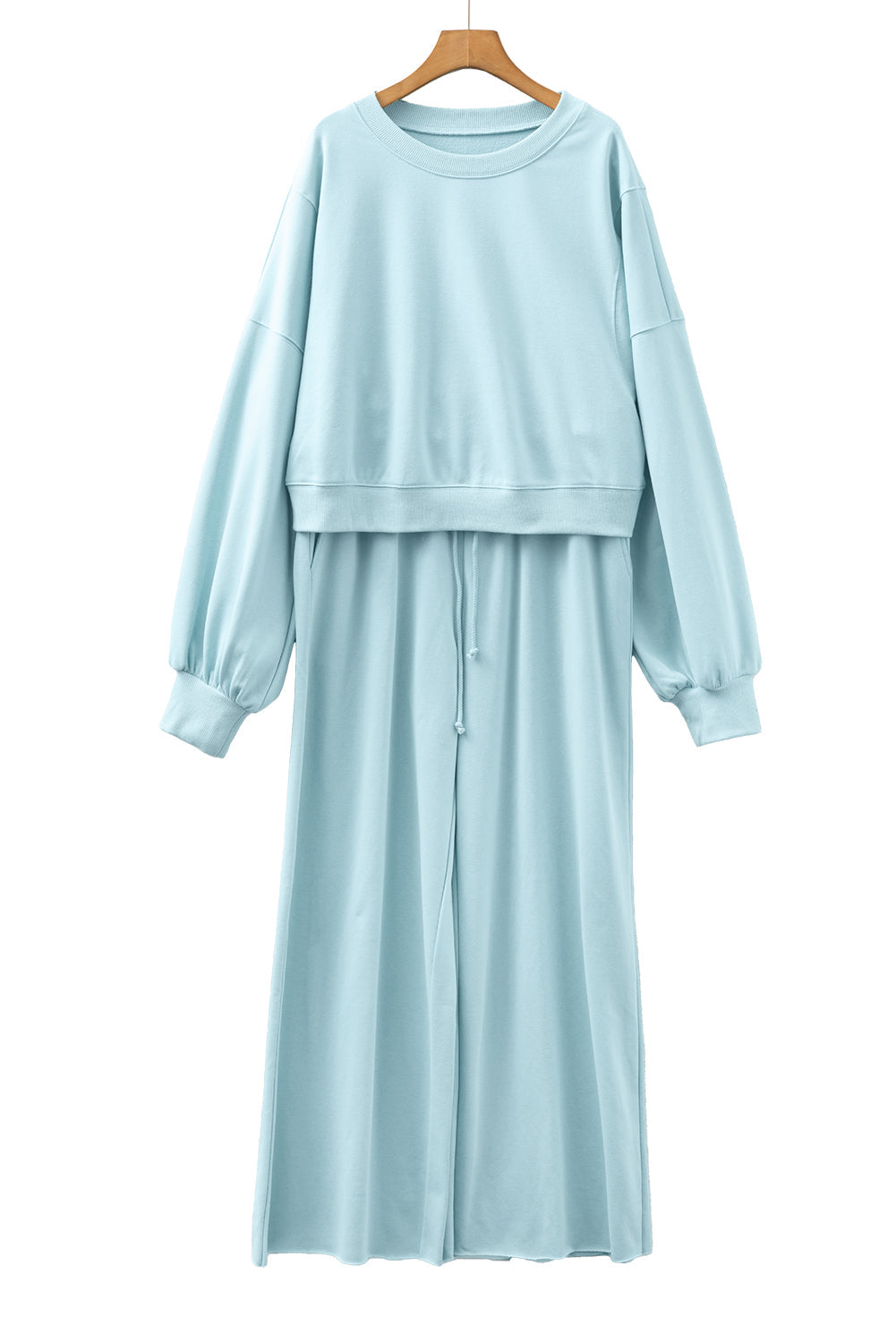 Mist Blue Drop Shoulder Puff Sleeve Crop Pullover Drawstring Wide Leg Pants Set